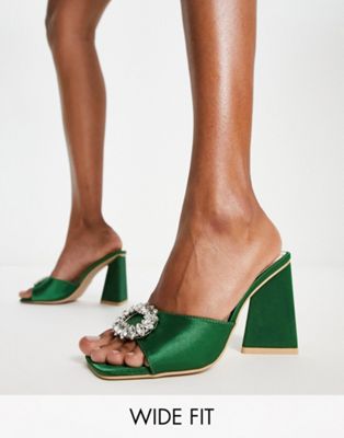 Be Mine Wide Fit Mercyy mules with embellishment in emerald Be Mine Wide Fit