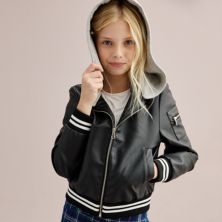 Куртка-бомбер SO® из искусственной кожи для девочек 4–18 лет со съемным флисовым капюшоном SO