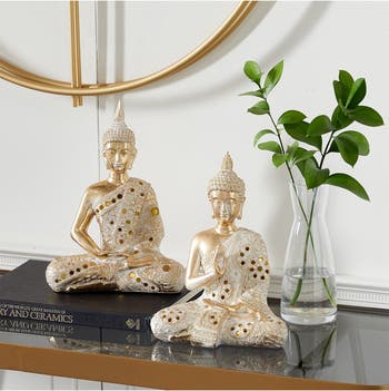 Золотые скульптуры сидящего Будды из полистоуна, набор из 2 предметов Willow Row