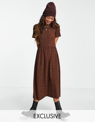 Wednesday's Girl midi smock dress in brown smudge spot print Wednesday's Girl