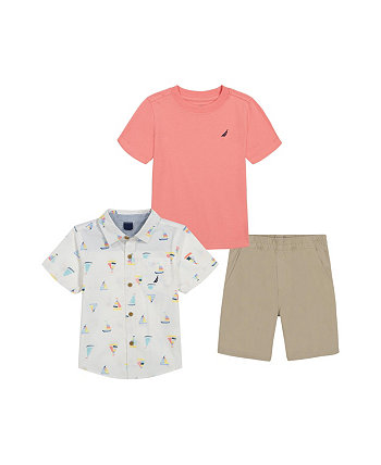 Футболка с короткими рукавами для мальчиков, рубашка из поплина с принтом и шорты из твила, набор из 3 предметов Nautica