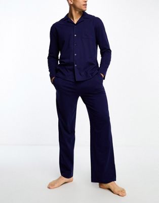 Пижамный комплект ASOS DESIGN, состоящий из рубашки с длинными рукавами и брюк темно-синего трикотажа ASOS DESIGN