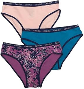 Calvin Klein Girls' 3 Pack Chrome Fashion Bikini Briefs, (Obsidian Leaves(37C37002-99)/Pink/Aquamarine, Small) Calvin Klein