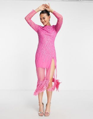 Ярко-розовое платье миди с пайетками Starlet и отделкой из искусственных перьев Starlet