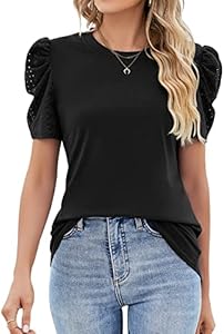 Ivicoer Puff Short Sleeve Shirt for Women Eyelet Tops Summer Crewneck Blouse Loose Fit S-XXL Ivicoer