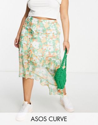 Персиковая юбка миди с оборками и абстрактным цветочным принтом ASOS DESIGN Curve ASOS DESIGN