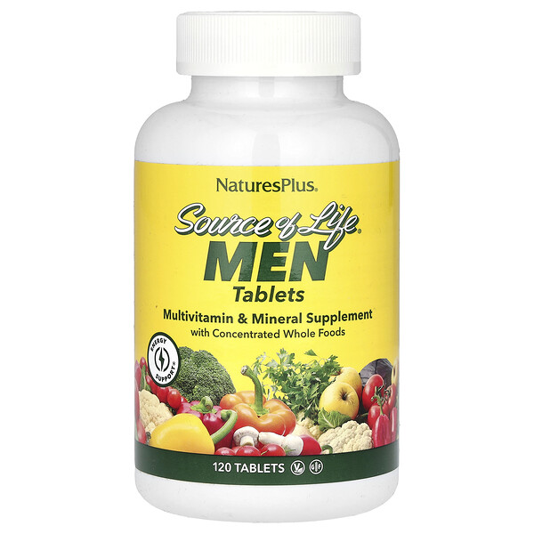 Source of Life Men, Мультивитаминная и минеральная добавка с концентрированными цельными продуктами, без железа, 120 таблеток NaturesPlus