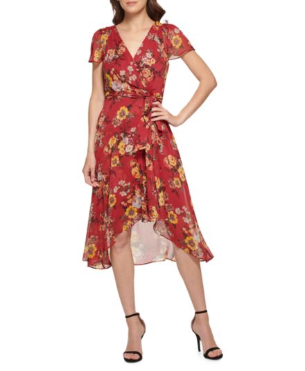 Шифоновое платье с запахом и цветочным принтом DKNY
