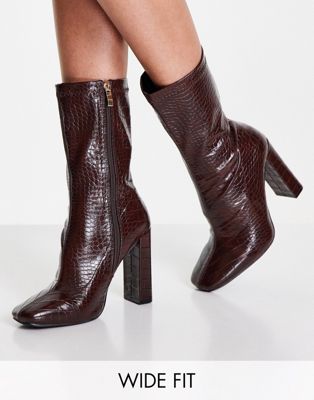 Glamorous Wide Fit block heel sock boots in brown Glamorous Wide Fit