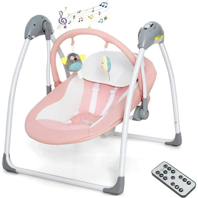 INFANS Baby Swing for Infants, Compact Portable Baby Electric Rocker Chair for Newborn with 5 Speed Natural Sway Music Timing 2 Toys Remote Control, 0-6 Months Boy Girl (Pink) INFANS