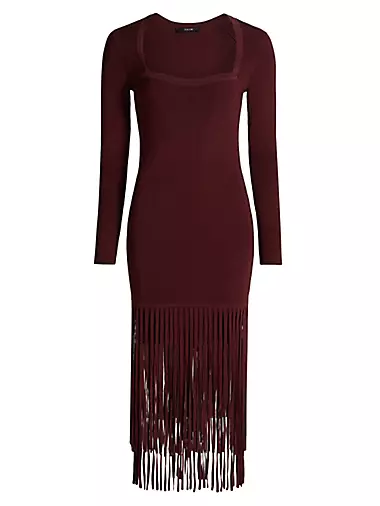 Mila Fringe Knit Long-Sleeve Midi-Dress Toccin