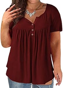 VISLILY Women's Plus Size Henley Shirts Flowy Summer Tops Pleated Buttons Up Tunics VISLILY