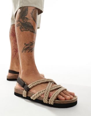 ASOS DESIGN cross strap rope sandals in stone and brown mix ASOS DESIGN