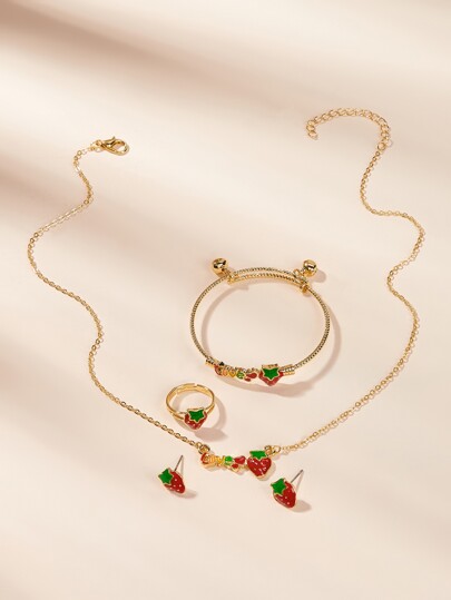 Ожерелье, серьги, кольцо и браслет для девочек с клубничным декором для девочек 5шт. SHEIN