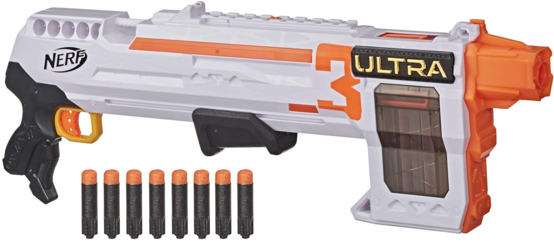 NERF Ultra Three Blaster, помповый механизм, внутренний зажим с 8 дротиками, 8 ультрадротиков, совместимы только с ультрадротиками Nerf