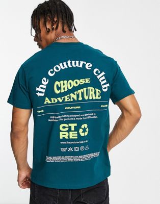 The Couture Club relaxed fit t-shirt in teal blue with adventure back print The Couture Club