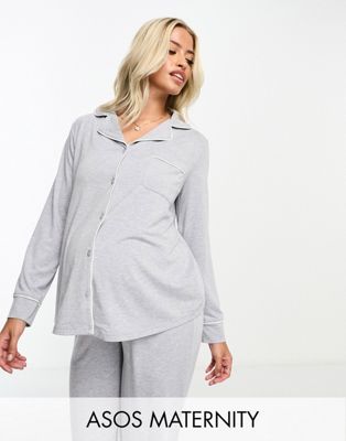 Пижамный комплект серого верескового цвета из мягкого трикотажа с длинными рукавами и брюками ASOS DESIGN Maternity с контрастной окантовкой ASOS Maternity