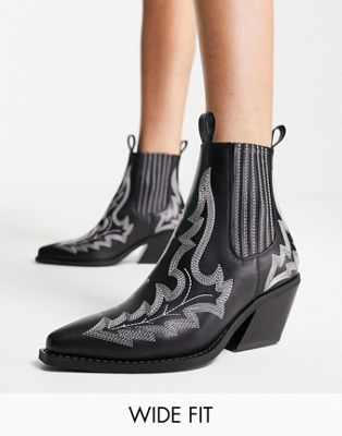 Черные ботинки в стиле вестерн с контрастной строчкой ASOS DESIGN Roxanne Wide Fit ASOS DESIGN