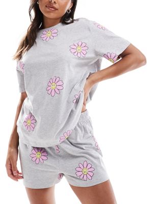 ASOS DESIGN flower oversized tee & short pajama set in gray ASOS DESIGN