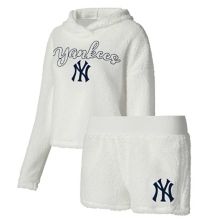 Женский комплект для сна с пушистым худи и шортами с капюшоном New York Yankees Sport кремового цвета Unbranded