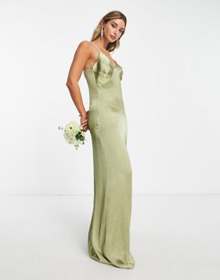 Мягкое оливковое атласное платье макси в стиле ампир Pretty Lavish Bridesmaid Ines Pretty Lavish