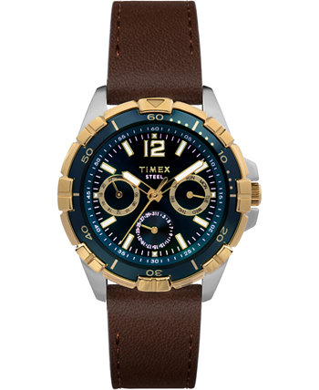Мужские кварцевые аналоговые классические классические кожаные коричневые часы 44 мм Timex