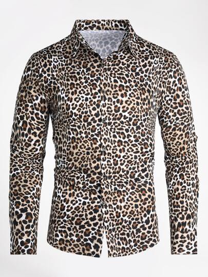 CLOUDSTYLE для мужчины Рубашка с леопардовым принтом на пуговицах CLOUDSTYLE