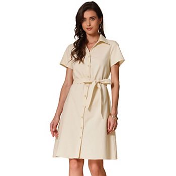 Linen Cotton Dresses for Women's V Neck Short Sleeve Button Down Midi Shirtdress Inspire Chic