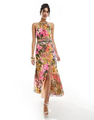 Hope & Ivy high neck maxi dress with thigh split in khaki floral Hope & Ivy