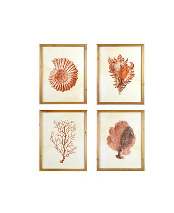 Картины в деревянной раме с красными ракушками и кораллами, набор из 4 штук Storied Home