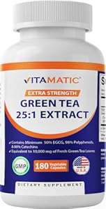 Vitamatic Green Tea Extract with Vitamin C, 25X Concentrate, 98% Polyphenols, 80% Catechins, 50% EGCG, 180 Veg Capsules (Вегетарианские капсулы) Vitamatic