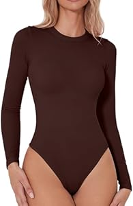 QINSEN Women's Seamless Long Sleeve Bodysuit Crew Neck Basic Stretch T Shirt Top QINSEN