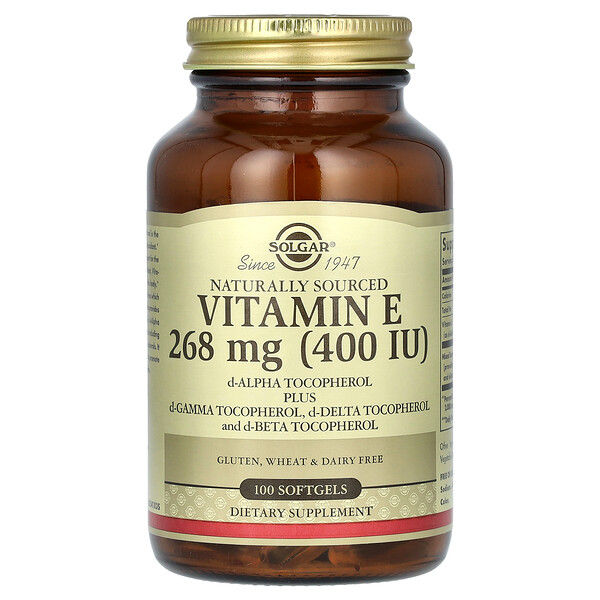 Натуральный витамин Е, 268 мг (400 МЕ), 100 мягких желатиновых капсул Solgar