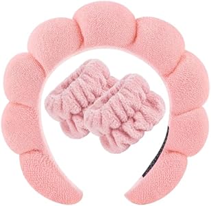 Zkptops Spa Headband for Washing Face Wristband Sponge Makeup Skincare Headband Terry Cloth Bubble Soft Get Ready Hairband for Women Girl Puffy Padded Headwear Non Slip Thick Hair Accessory(Black) Zkptops