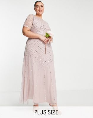 Frock and Frill Plus Bridesmaid short sleeve maxi dress with embellishment in dusty mauve Frock and Frill Plus