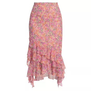 Шелковая шифоновая юбка миди с оборками Lita и цветочным принтом SALONI