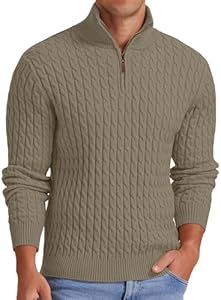 Мужской Свитер Askdeer Quarter Zip Cable Knit Mock Neck Поло Мягкий Кэжуал Пуловер с Резинкой Askdeer