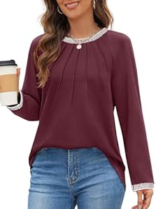 MEROKEETY Women's 2024 Fall Long Sleeve Tops Pleated Crew Neck Color Block Casual Loose Tee Shirts Merokeety