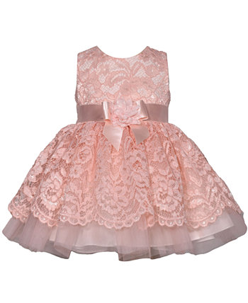 Baby Girls Lace Overlay Dress With Ribbon Bow Waist Bonnie Baby