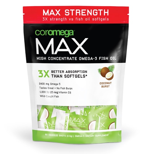 Coromega MAX High Concentrate Omega-3 Fish Oil Coconut Bliss — 2400 мг — 60 пакетиков Squeeze Shot Coromega