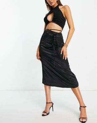 Черная атласная юбка-комбинация миди с завязками на талии Missguided Missguided