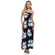 Women's Summer Bohemian Floral Printed Strapless Beach Party Long Maxi Dress Kojooin