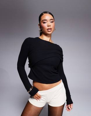 ASOS DESIGN draped cozy super soft long sleeve slash neck top in black ASOS DESIGN