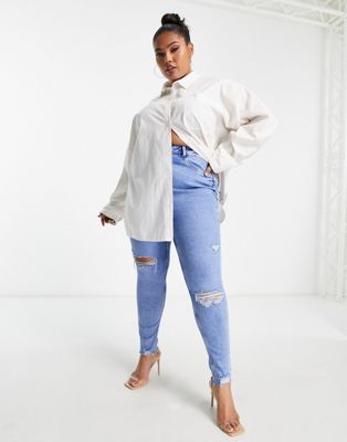New Look Curve ripped skinny jean in mid blue New Look Plus