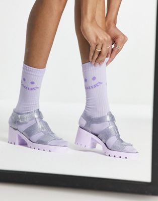 Juju jelly heeled shoes in clear glitter with lilac contrast sole Juju