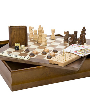 Hey Play Классический деревянный набор настольных игр 7-в-1 - старомодная семейная игра, ночные карты, кости, шахматы, шашки, нарды, домино и криббедж Trademark Global