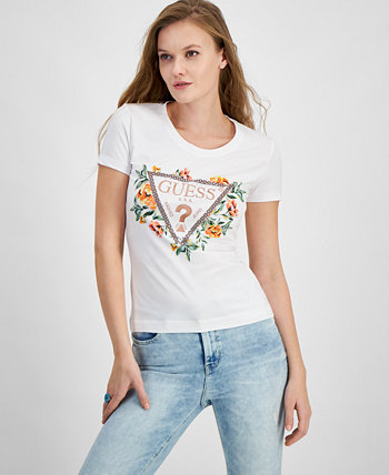 Женская футболка с треугольным цветочным логотипом и декором GUESS