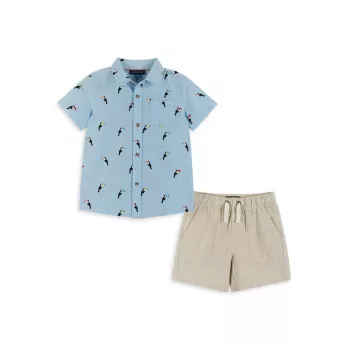 Little Boy's &amp; Boy's Bird Cotton Shirt &amp; Linen-Blend Shorts Set Andy & Evan