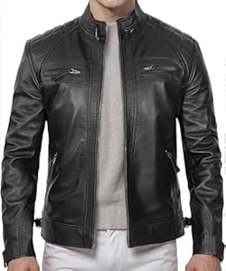 Мужская Кожаная куртка DECIMAL Black Genuine Lambskin Leather Biker Jacket VINTAGE DECIMAL