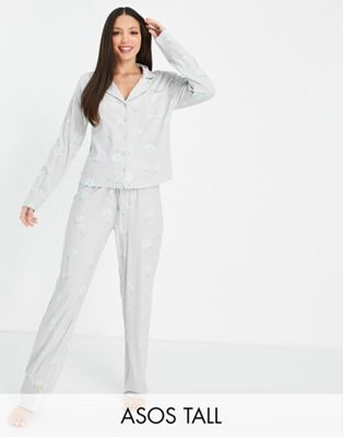 Традиционный светло-серый пижамный комплект из вискозы и брюк с цветочным принтом ASOS DESIGN Tall ASOS Tall
